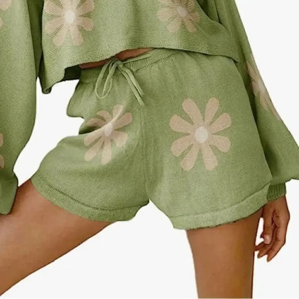 Ekouaer Green Knit Flower Print Shorts